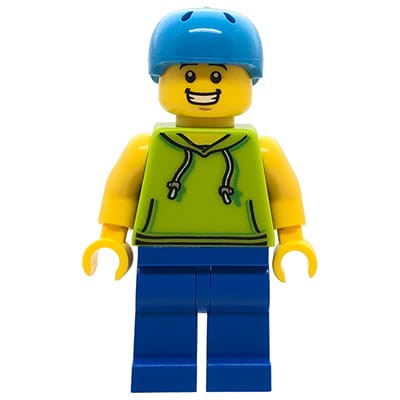 Mini figurka LEGO City chłopak / nastolatek skateboarder w limonkowej bluzie z kapturem, z niebieskimi nóżkami i kaskiem na głowie.