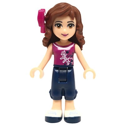 LEGO Friends Mini doll - Olivia - dark blue cropped trousers, magenta top, brown hair, magenta bow