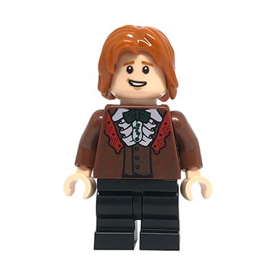 LEGO Harry Potter Minifigure - Ron Weasley - reddish brown jacket and vest, white shirt with ruffle, black short legs