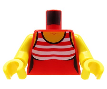 LEGO minifigure torso - female top / swimsuit, red with white stripes.