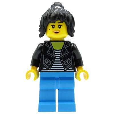 LEGO Ninjago Minifig - Nya / Teenager - black leather jacket, black hair (ponytail), striped shirt, blue legs