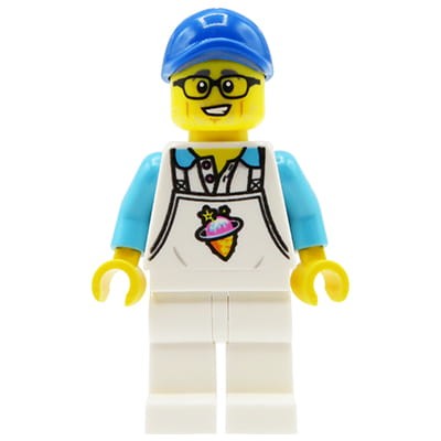 LEGO Ninjago - minifigurka Hai / Sprzedawca Lodów / Lodziarz - biały fartuch, niebieska czapka z daszkiem, okulary