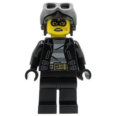 LEGO City Minifig - woman / motorcyclist / biker - black jacket, pants and gloves, striped shirt, black helmet with goggles