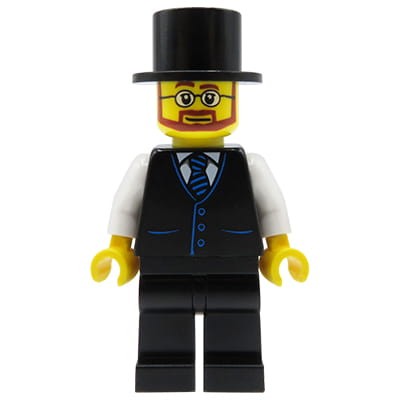LEGO City Minifig - Elegant man / Businessman - black vest, pants and top hat, white shirt with tie, glasses, beard and moustache