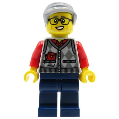 LEGO City - minifigurka Starszy mężczyzna / Dziadek w okularach, z siwymi włosami, czerwona koszula, wełniana kamizelka w romby, granatowe spodnie, uśmiech