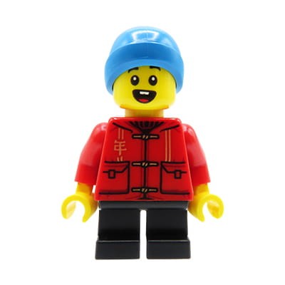 LEGO City - minifigurka Chłopiec / Dziecko w czerwonej zimowej kurtce, niebieskiej czapce, czarnych spodniach (krótkie nóżki), uśmiechnięty
