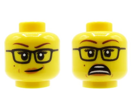 LEGO minifig head - woman, glasses, dual sided (smile / scared)