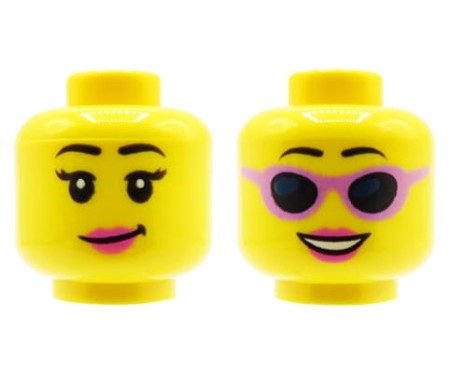 LEGO minifigure head - female, sunglasses, smile, dual sided