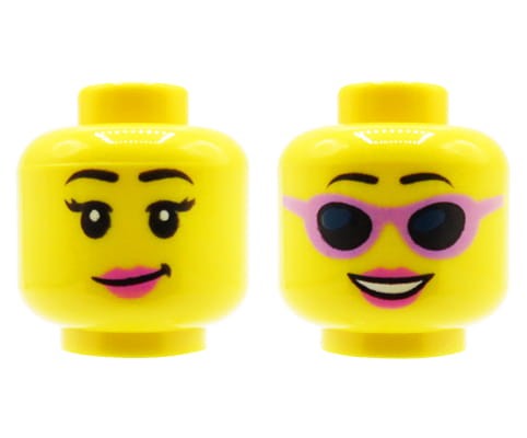 Accéder au produit Tête de figurine LEGO - femme, lunettes de soleil, sourire, double face