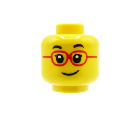 LEGO głowa / główka minifigurki - delikatny uśmiech, okulary korekcyjne w czerwonych oprawkach