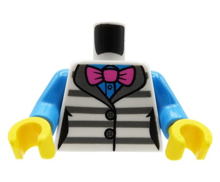 LEGO minifig torso - white and gray striped vest, blue shirt and pink bow tie