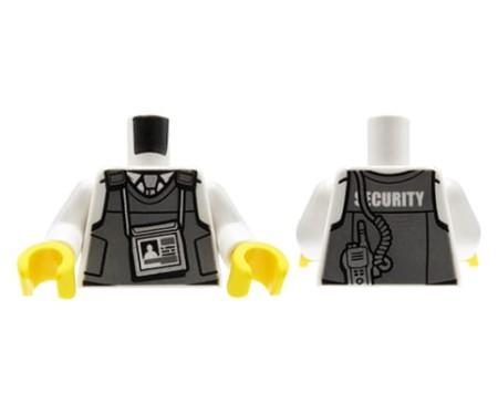 LEGO minifig torso - security guard, gray tactical vest with ID and radio