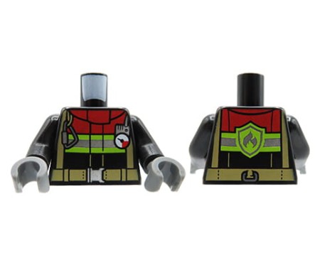 LEGO tors minifigurki - strażak, czarna kurtka z odblaskami i uprzężą