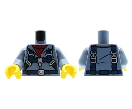 LEGO minifig torso - sand blue jacket with harness, dark red sweater