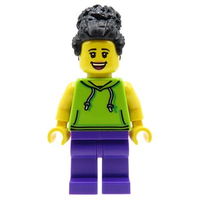 LEGO City - minifigurka Kobieta / Mama z czarnymi kręconymi włosami (wysoki kok), limonkowa bluza dresowa, fioletowe spodnie, szeroki uśmiech