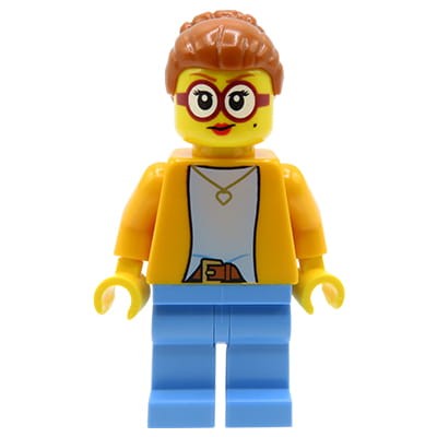 LEGO City Minifig - Woman - red round glasses, dark orange hair (high bun), bright light orange jacket, necklace, blue pants