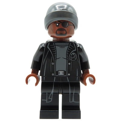 LEGO Marvel Super Heroes Minifigure - Nick Fury - black coat, dark bluish gray beanie cap
