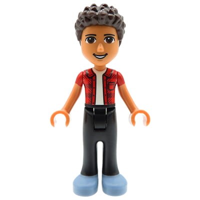 LEGO Friends Mini doll - Jackson / Man / Boy - dark skin tone, brown curly hair, brown eyes, red shirt with short sleeves, black pants.