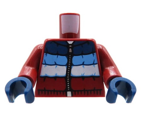 LEGO minifig torso - dark red quilted jacket with blue stripes, gloves