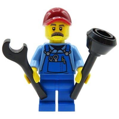 Custom Minifigure Plumber / Handyman with wrench and toilet plunger - man, blue dungarees, dark red cap, mustache