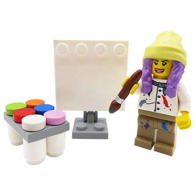 Custom Minifigure - Female Painter + easel, paints and brush - made of LEGO parts