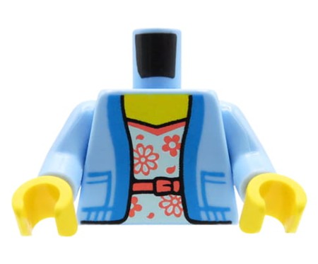 LEGO minifigure torso - female, blue sweater, shirt with flowers, coral belt