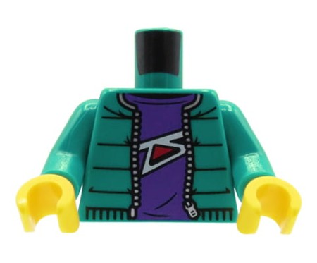 LEGO minifigure torso - turquoise quilted jacket, purple shirt with print