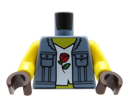LEGO minifigure torso - female, denim vest, white shirt with rose, brown gloves