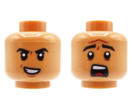 LEGO głowa / główka figurki - mężczyzna, cielista, dwustronna (zadziorny uśmieszek / przestraszona mina)