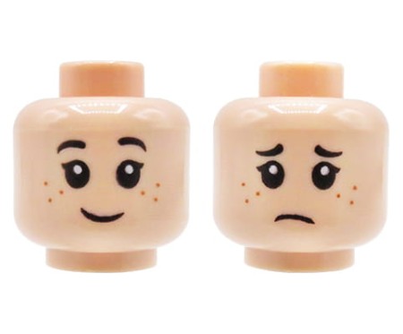 Głowa minifigurki LEGO w kolorze jasnym cielistym (light nougat), dziecięca, dwustronna (uśmiechnięta / smutna mina), piegi