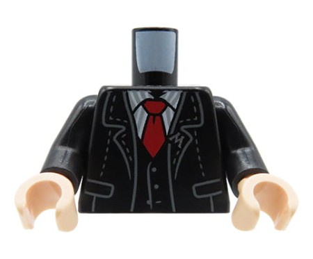 LEGO minifig torso - black suit jacket with est, white shirt with collar, red tie