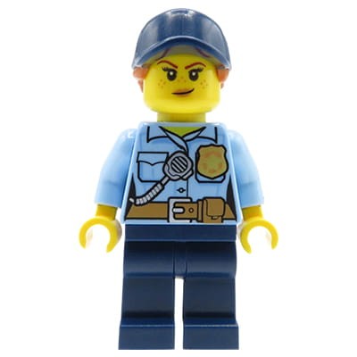LEGO City Minifigure - Female Police Officer / Policewoman - light blue police shirt with gold badge and radio, dark blue pants and cap, ginger hair