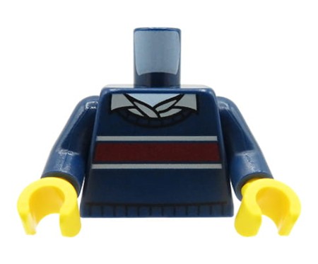 LEGO minifig torso - dark blue sweater with dark red stripe, shirt with collar
