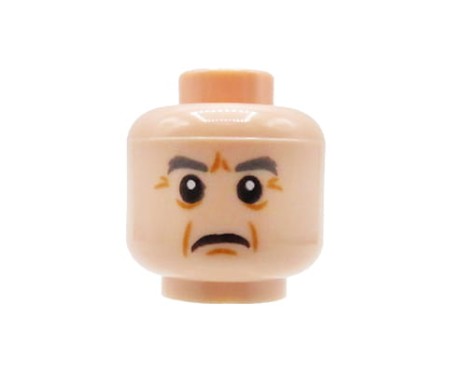 LEGO minifig head - man, light nougat, gray eyebrows, sour face.