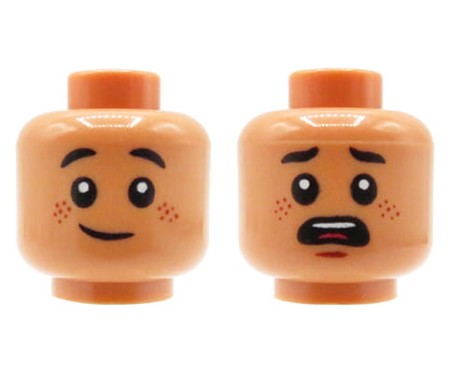 LEGO minifig head - child / boy, nougat, freckles, dual sided (smile / scared)