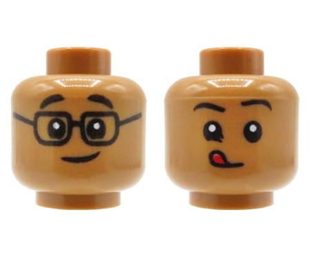 LEGO minifig head - man, medium nougat, dual sided (glasses and smile / tongue sticking out)