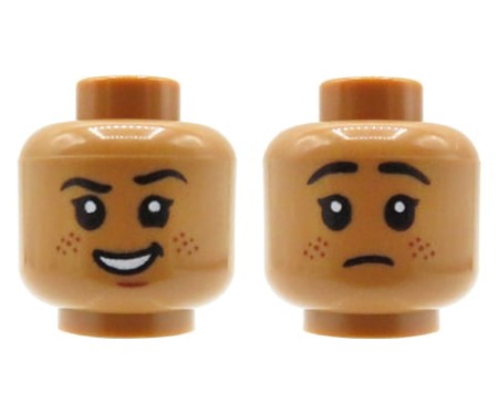LEGO głowa / główka figurki - dziecko / dziewczynka, cielista, piegi, dwustronna (szeroki uśmiech / smutna mina)
