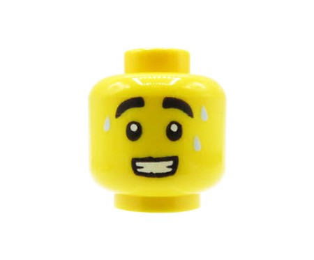 LEGO figurine head - man, smile, sweat drops