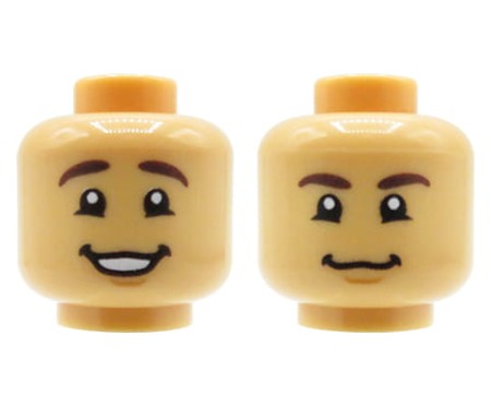 Głowa / główka ludzika LEGO w kolorze cielistym (medium tan), mężczyzna, dwustronna (szeroki uśmiech, widoczne zęby / delikatny uśmieszek).