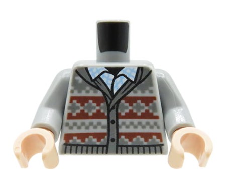 LEGO figurine torso - gray cardigan sweater with hood, collar shirt.