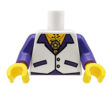 LEGO tors figurki - biała kamizelka, fioletowa koszula, odkryty tors, złoty medalion