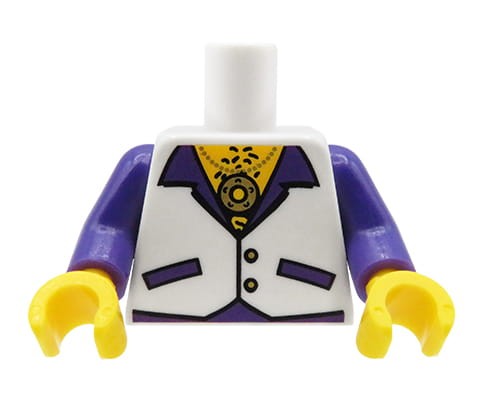 Accéder au produit Torse de figurine LEGO - gilet blanc, chemise violette, médaillon doré