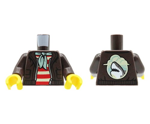 Go to product LEGO minifigure torso - dark brown jacket with shark on back