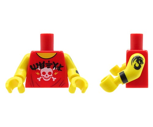 Go to product LEGO minifigure torso - red t-shirt with skull, tattoo on hand