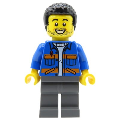 LEGO City figure - man, black coiled hair, stubble, blue jacket.