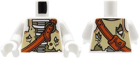 LEGO figure torso - pirate, beige ripped vest, bag, white longsleeve and gloves.
