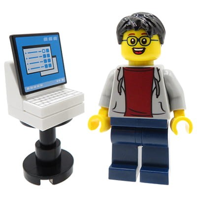 Custom Minifigure Programmer / Coder / IT specialist with computer - man, green checkered sweatshirt / shirt, dark blue pants, wide smile, glasses, brown hair.
