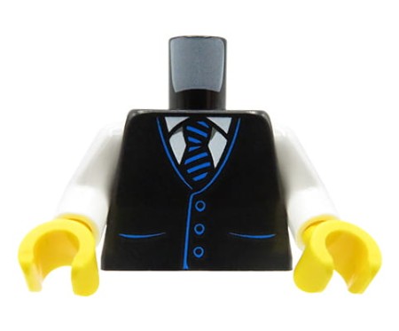 LEGO minifig torso - black buttoned vest, white shirt, striped tie