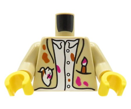 Tors ludzika LEGO artysta malarz, beżowa marynarka i biała koszula z plamami farby