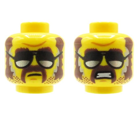 LEGO główka minifigurki, męska, zarost i wąsy, okulary przeciwsłoneczne, dwustronna
